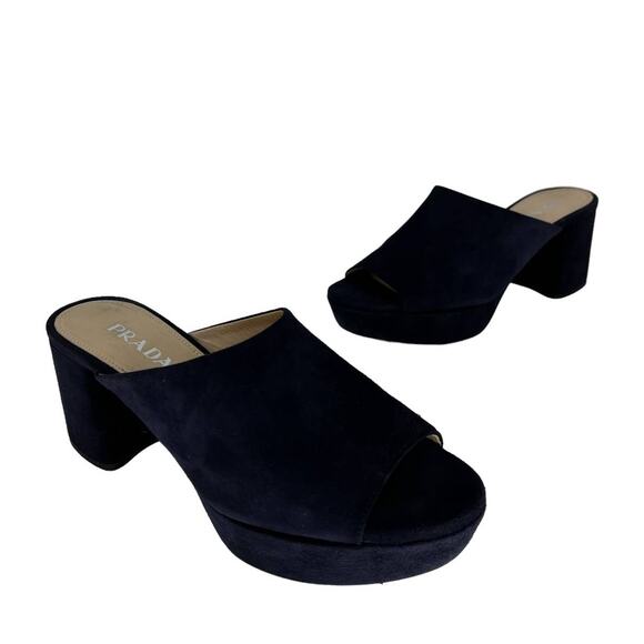 Prada Suede Navy Platform Heeled Mules - Picture 4 of 11